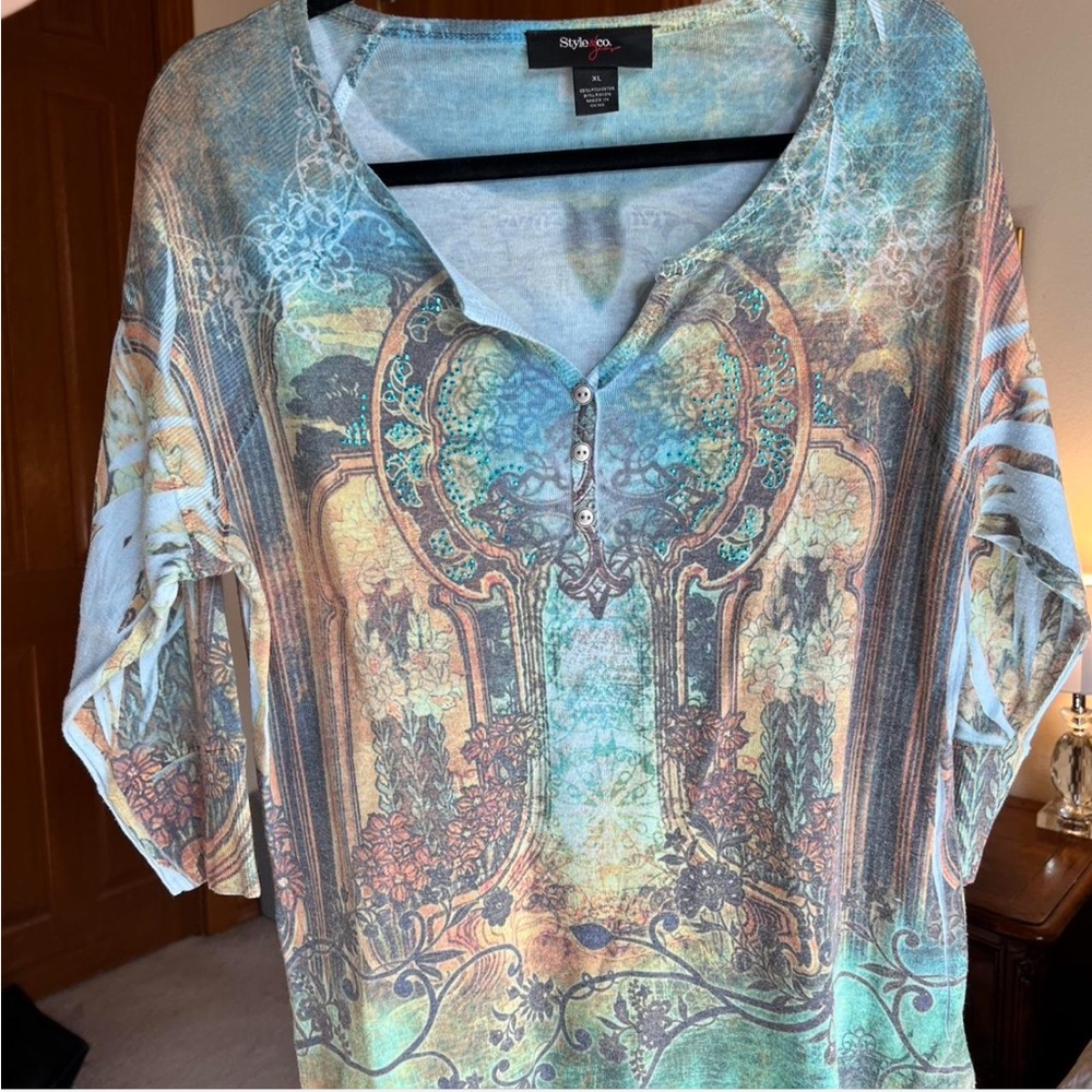 Style & Co. Blue Graphic Blouse Relaxed Fit